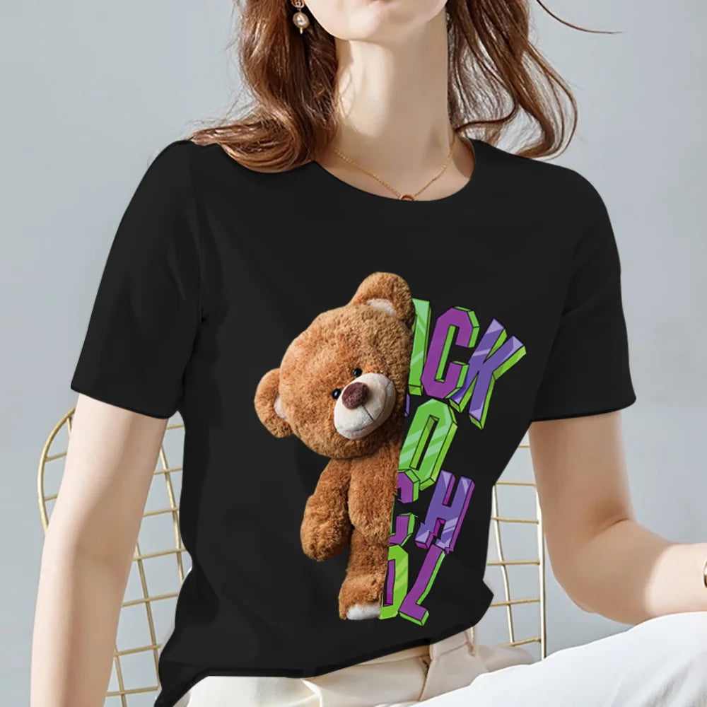 Fashion All-match Womens T-shirts Cartoons Cute Bear Tops Summer Black Classic O-Neck Ladies Tee Women Clothes,Drop Shipping