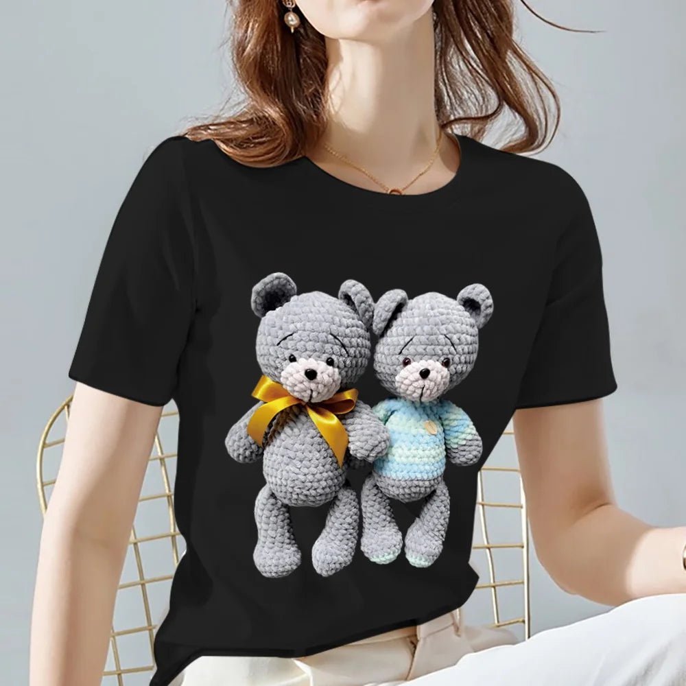 Fashion All-match Womens T-shirts Cartoons Cute Bear Tops Summer Black Classic O-Neck Ladies Tee Women Clothes,Drop Shipping