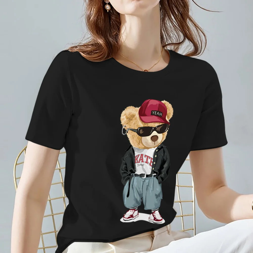 Fashion All-match Womens T-shirts Cartoons Cute Bear Tops Summer Black Classic O-Neck Ladies Tee Women Clothes,Drop Shipping