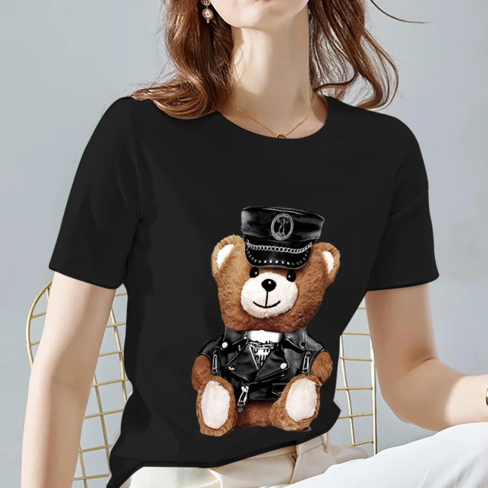 Fashion All-match Womens T-shirts Cartoons Cute Bear Tops Summer Black Classic O-Neck Ladies Tee Women Clothes,Drop Shipping