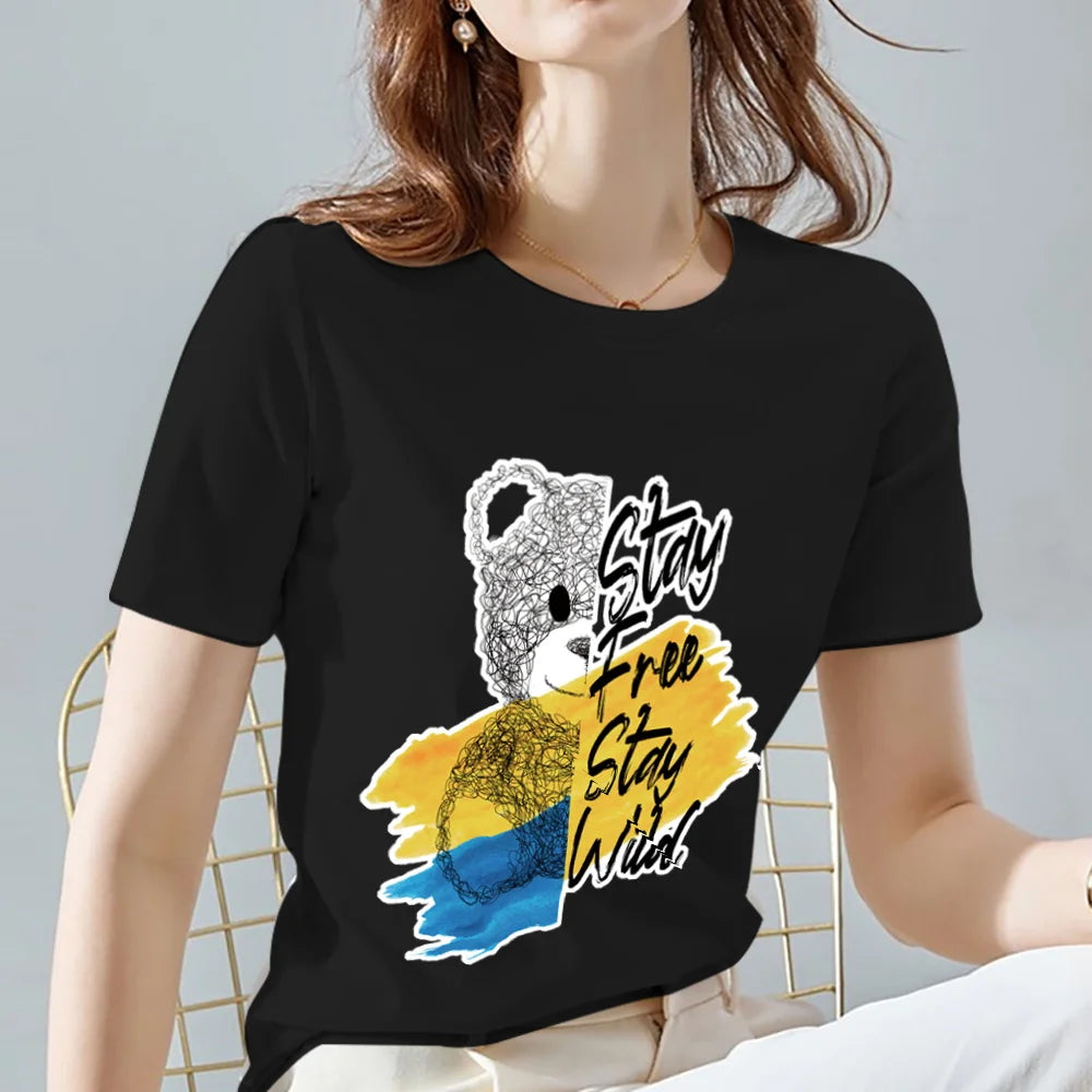 Fashion All-match Womens T-shirts Cartoons Cute Bear Tops Summer Black Classic O-Neck Ladies Tee Women Clothes,Drop Shipping