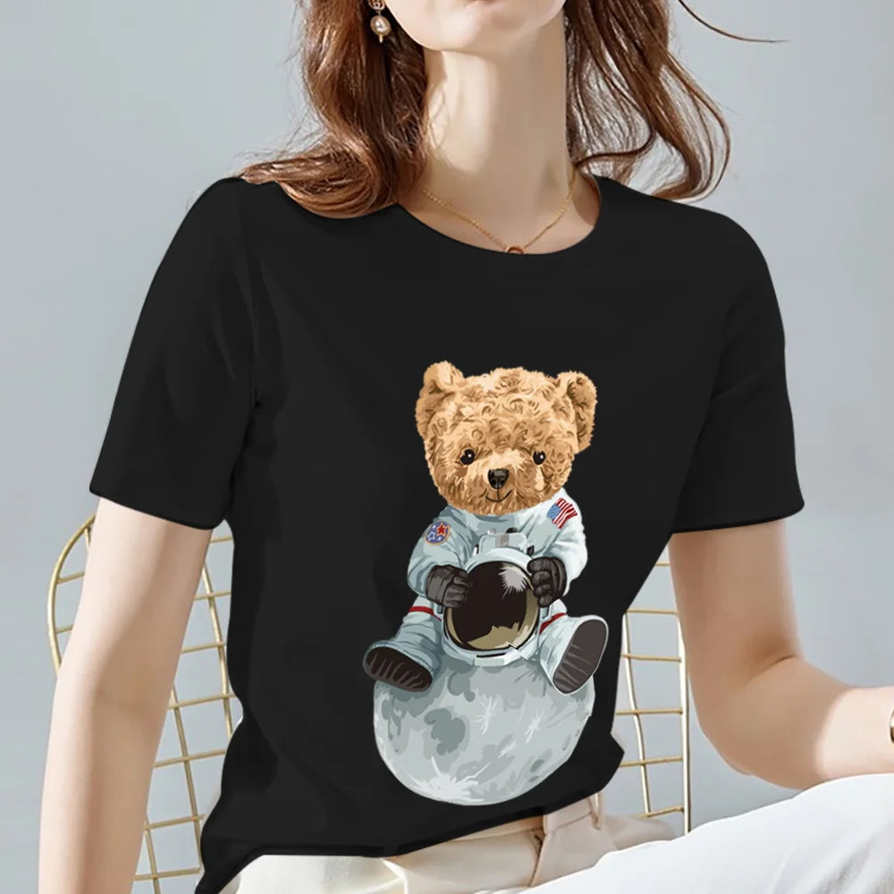 Fashion All-match Womens T-shirts Cartoons Cute Bear Tops Summer Black Classic O-Neck Ladies Tee Women Clothes,Drop Shipping