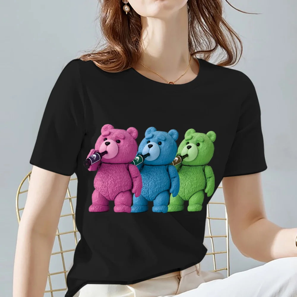 Fashion All-match Womens T-shirts Cartoons Cute Bear Tops Summer Black Classic O-Neck Ladies Tee Women Clothes,Drop Shipping