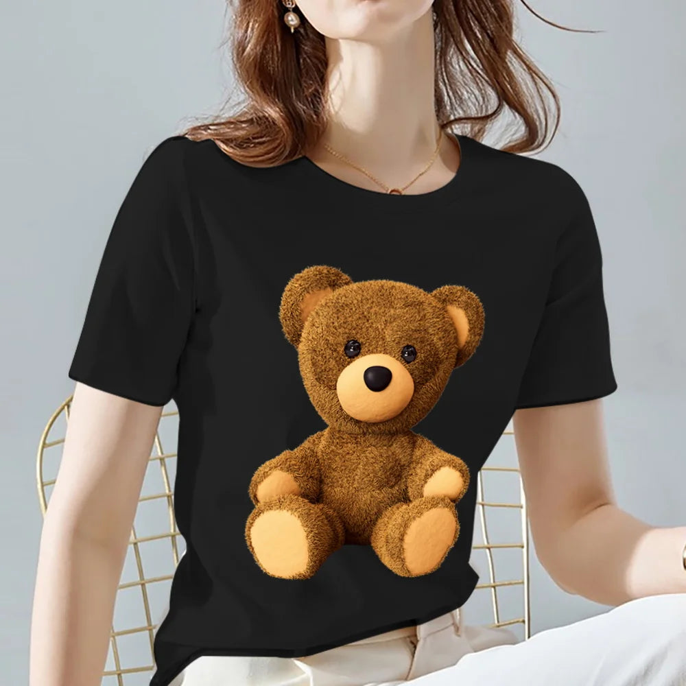 Fashion All-match Womens T-shirts Cartoons Cute Bear Tops Summer Black Classic O-Neck Ladies Tee Women Clothes,Drop Shipping