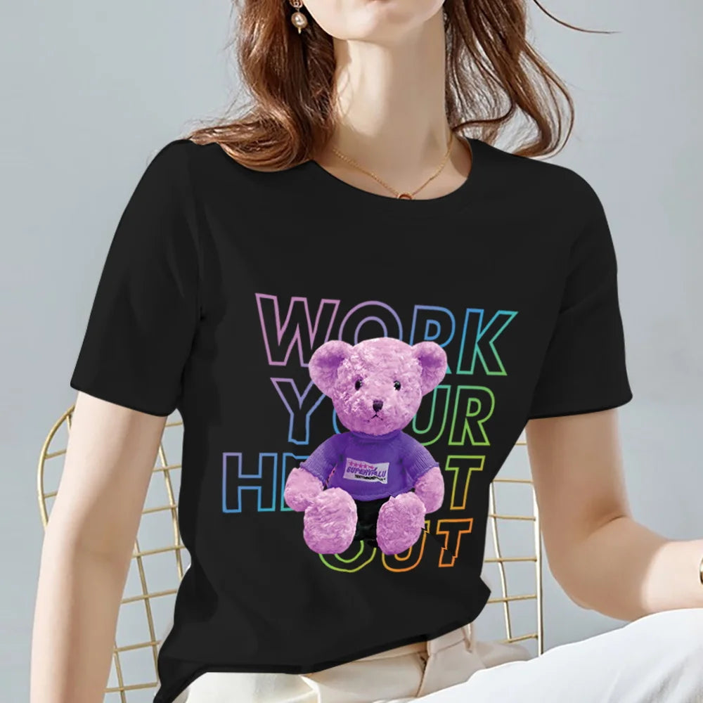 Fashion All-match Womens T-shirts Cartoons Cute Bear Tops Summer Black Classic O-Neck Ladies Tee Women Clothes,Drop Shipping