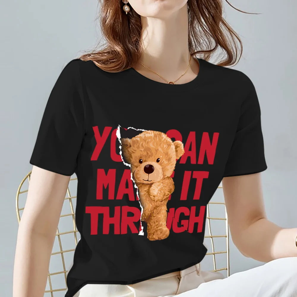 Fashion All-match Womens T-shirts Cartoons Cute Bear Tops Summer Black Classic O-Neck Ladies Tee Women Clothes,Drop Shipping