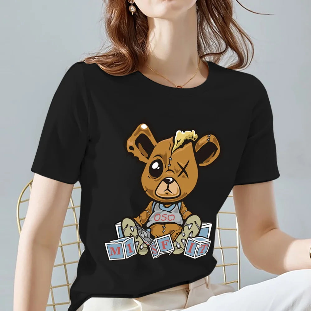 Fashion All-match Womens T-shirts Cartoons Cute Bear Tops Summer Black Classic O-Neck Ladies Tee Women Clothes,Drop Shipping