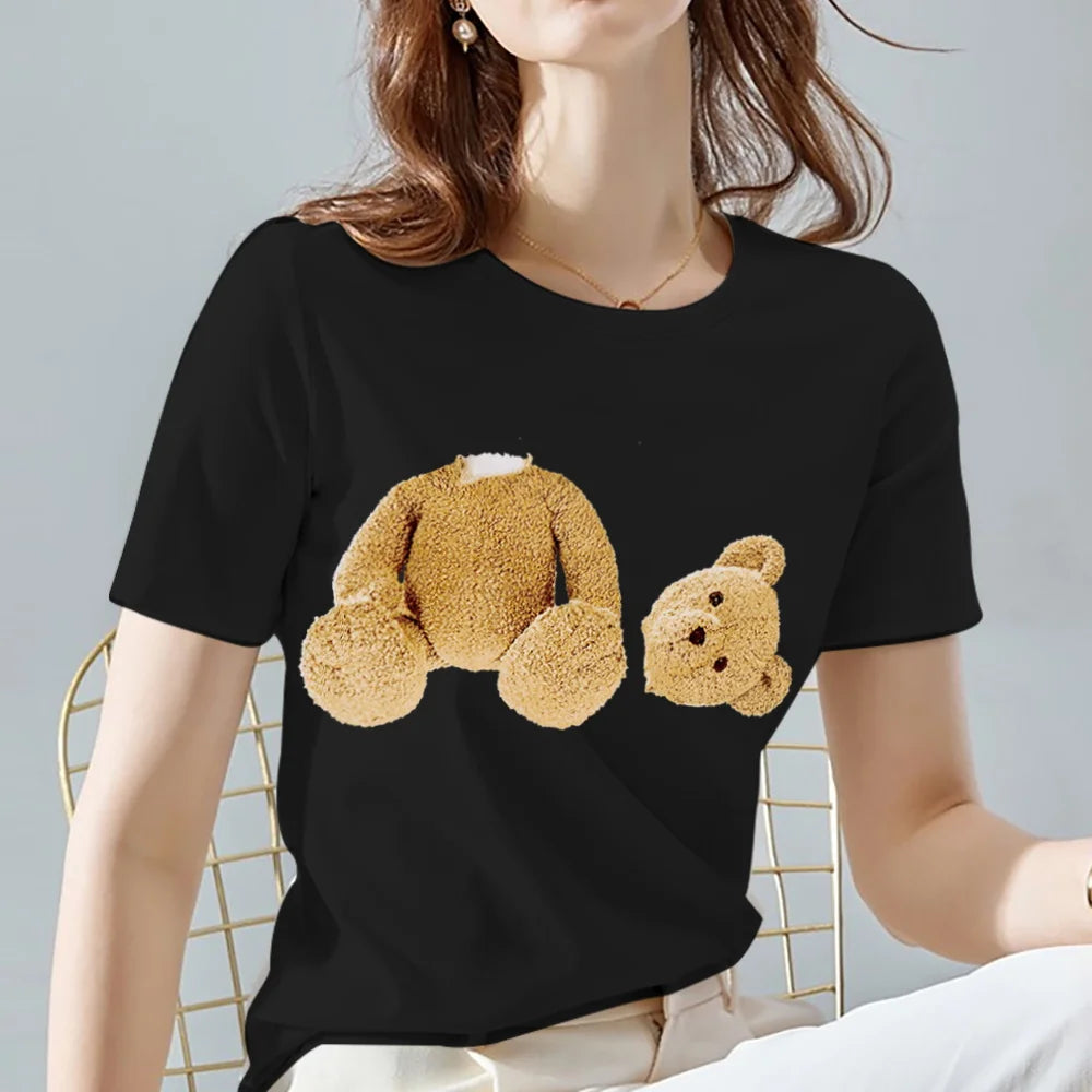 Fashion All-match Womens T-shirts Cartoons Cute Bear Tops Summer Black Classic O-Neck Ladies Tee Women Clothes,Drop Shipping