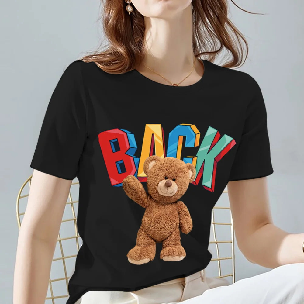 Fashion All-match Womens T-shirts Cartoons Cute Bear Tops Summer Black Classic O-Neck Ladies Tee Women Clothes,Drop Shipping