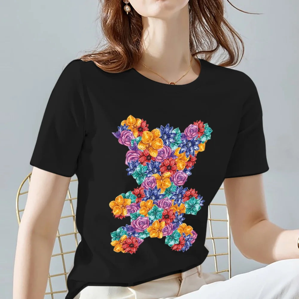 Fashion All-match Womens T-shirts Cartoons Cute Bear Tops Summer Black Classic O-Neck Ladies Tee Women Clothes,Drop Shipping