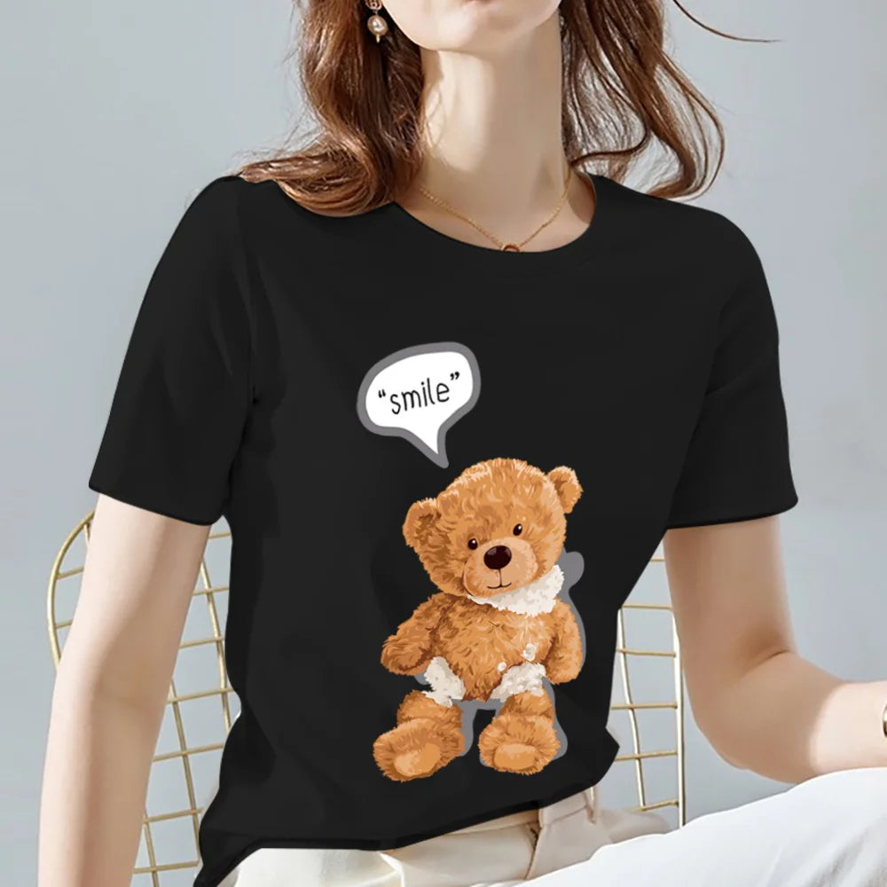 Fashion All-match Womens T-shirts Cartoons Cute Bear Tops Summer Black Classic O-Neck Ladies Tee Women Clothes,Drop Shipping