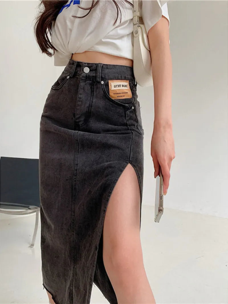 2023 Autumn Maxi Jeans Skirt Women Denim Long Skirts Female Long Korean Summer Vintage Maxi Skirt Sexy Side Split Denim Skirt