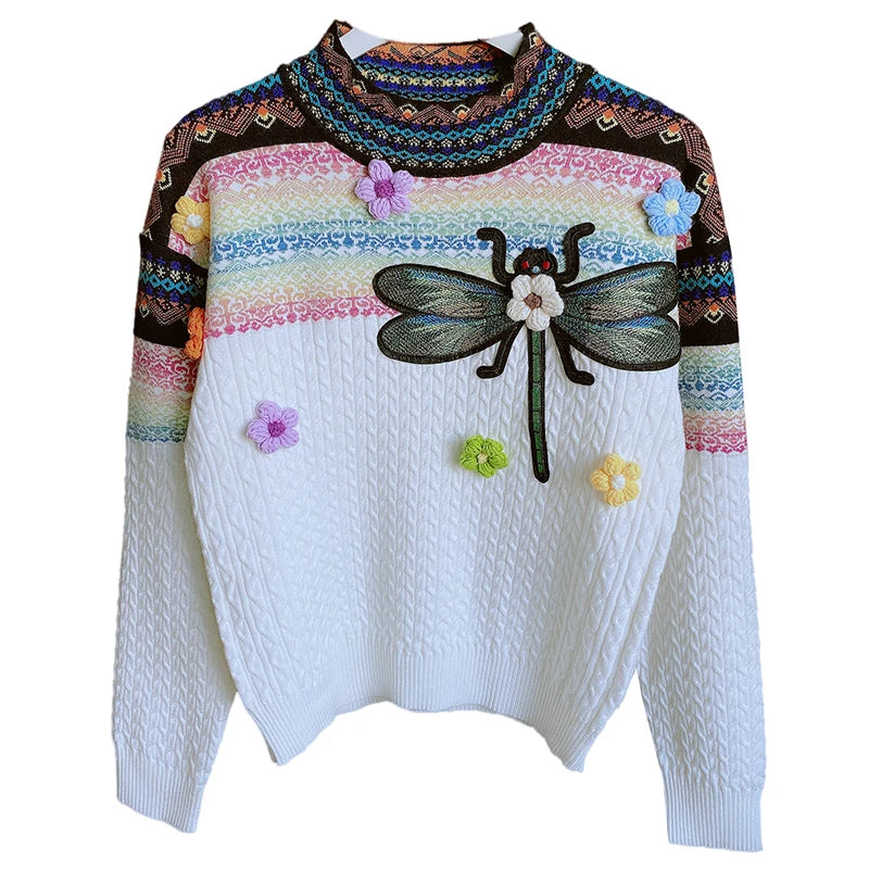 2023 Spring Autumn New Round Neck Long Sleeve Contrast Color Twist Sweater Women's Three-Dimensional Flower Dragonfly Pull Femme