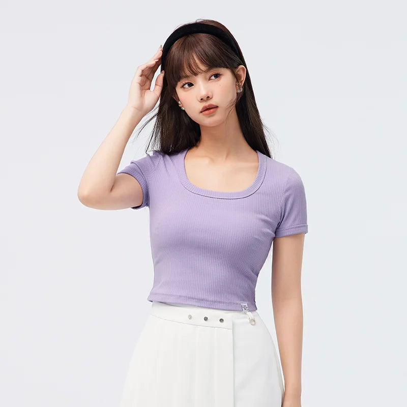 Semir Short Sleeve T Shirt Women Short Front Shoulder Sexy Overlay 2023 Summer New Contrast Tight Tshirt Versatile