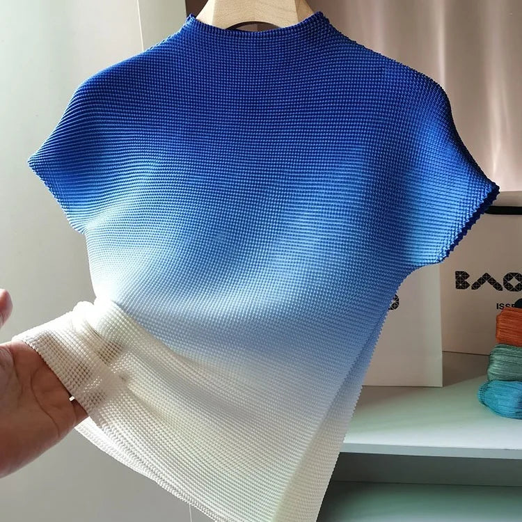 Gradient color short sleeve vertical collar Corn kernel pleated top women's summer new style slim T-shirt