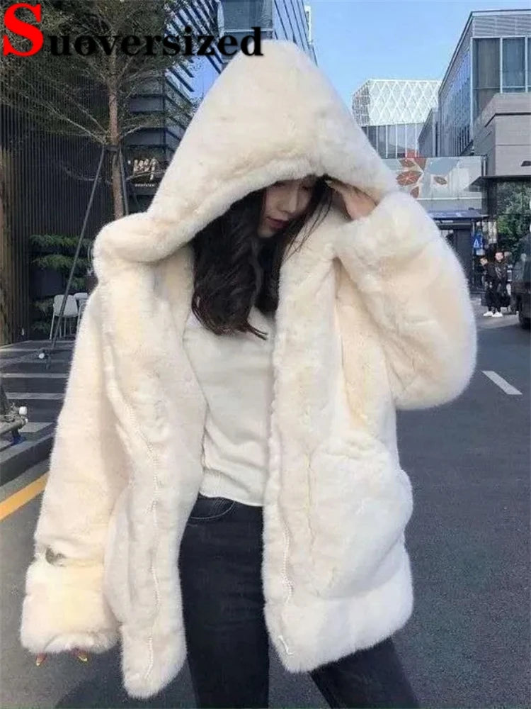 Hooded Warm Loose Faux Rabbit Fur Jackets Thicken Korean Plush Chaquetas Winter High Quality Coats Women Luxury Furry Casaco