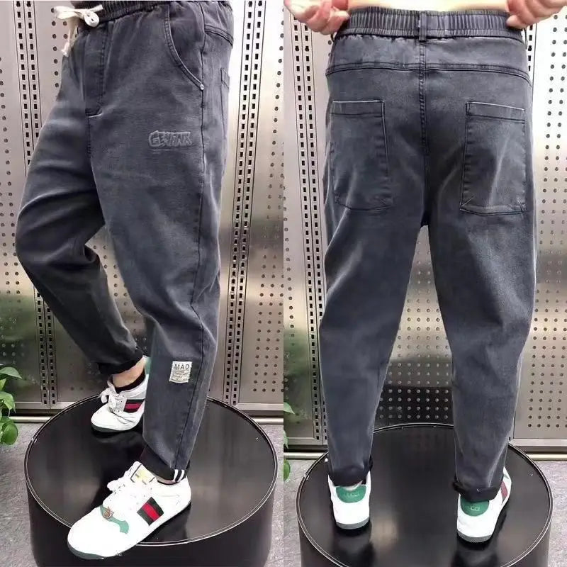 Harajuku Stretch Korea Streetwear Loose Solid Denim Jeans Elastic Waist for Men Spring Summer New plus size 7XL 8XL Casual Pants