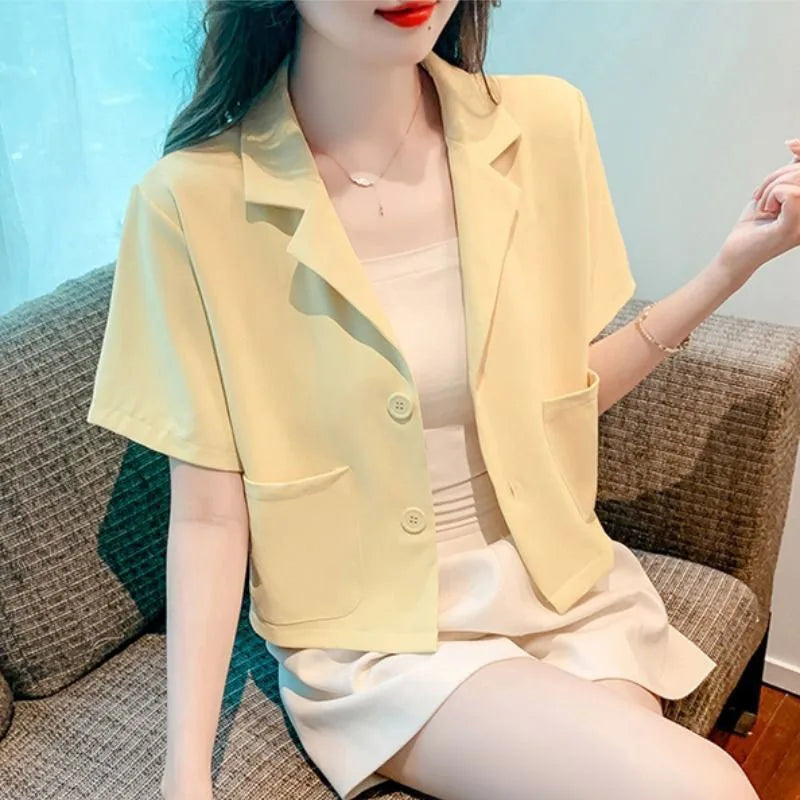 Lucyever Women's Summer Thin Blazer Coat Solid Simple Wild Casual Short Sleeve Suit Jacket Ladies Korean Chic Office Overcoat