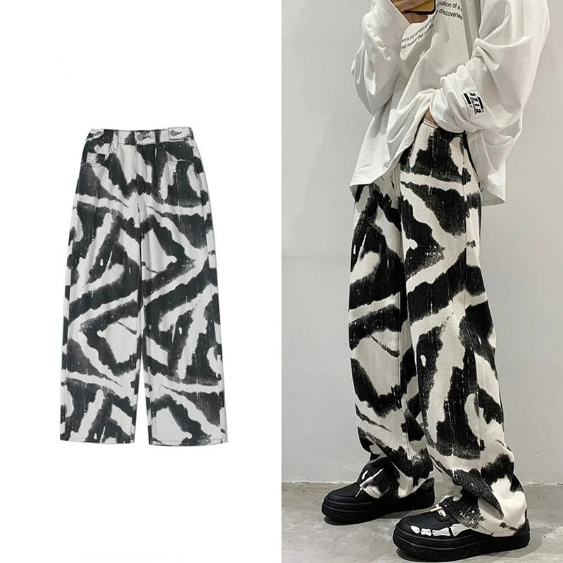 Zebra Y2k Baggy Jeans Pants Men Wide Leg Oversize Pants Fashion Tie-dye Full-length Denim Straight Long Trousers 2023 Streetwear