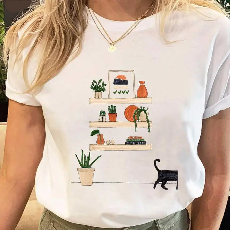 Women Print Tees Tshirt Female Clothes Regular Short Sleeve Tops Cat Simple Cute Print Ladies Fashion Cartoon Graphic T-Shirt