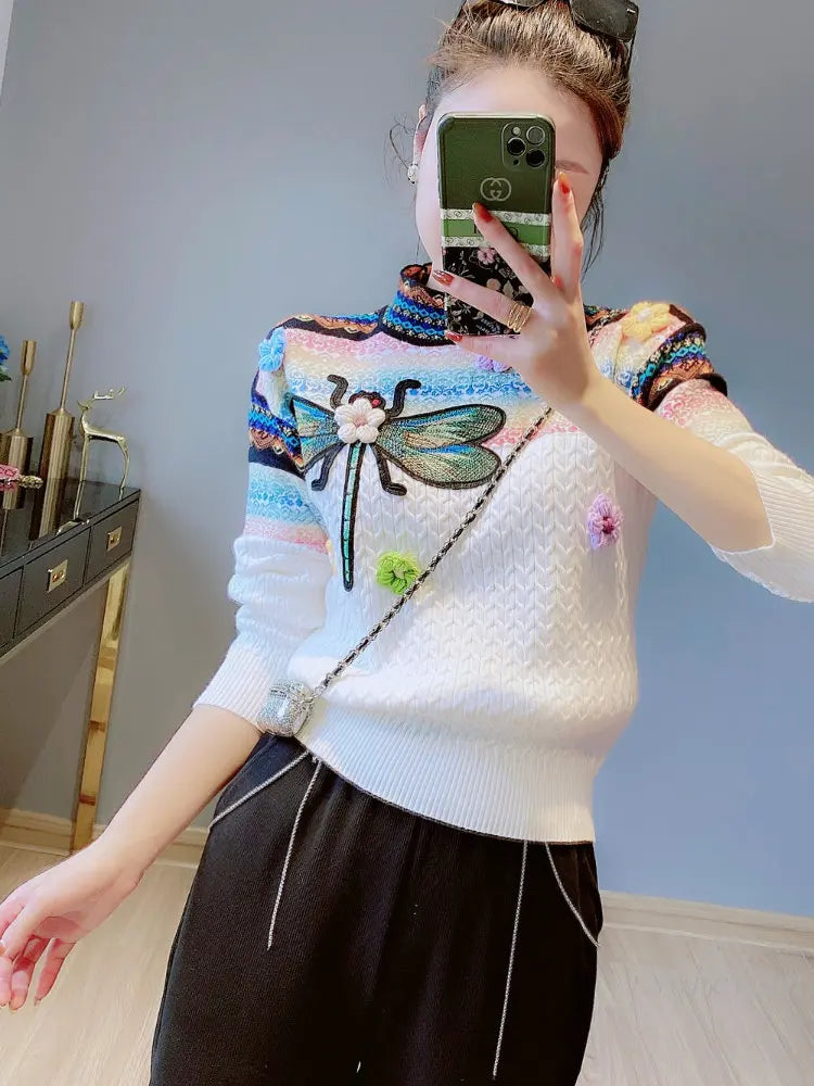 2023 Spring Autumn New Round Neck Long Sleeve Contrast Color Twist Sweater Women's Three-Dimensional Flower Dragonfly Pull Femme