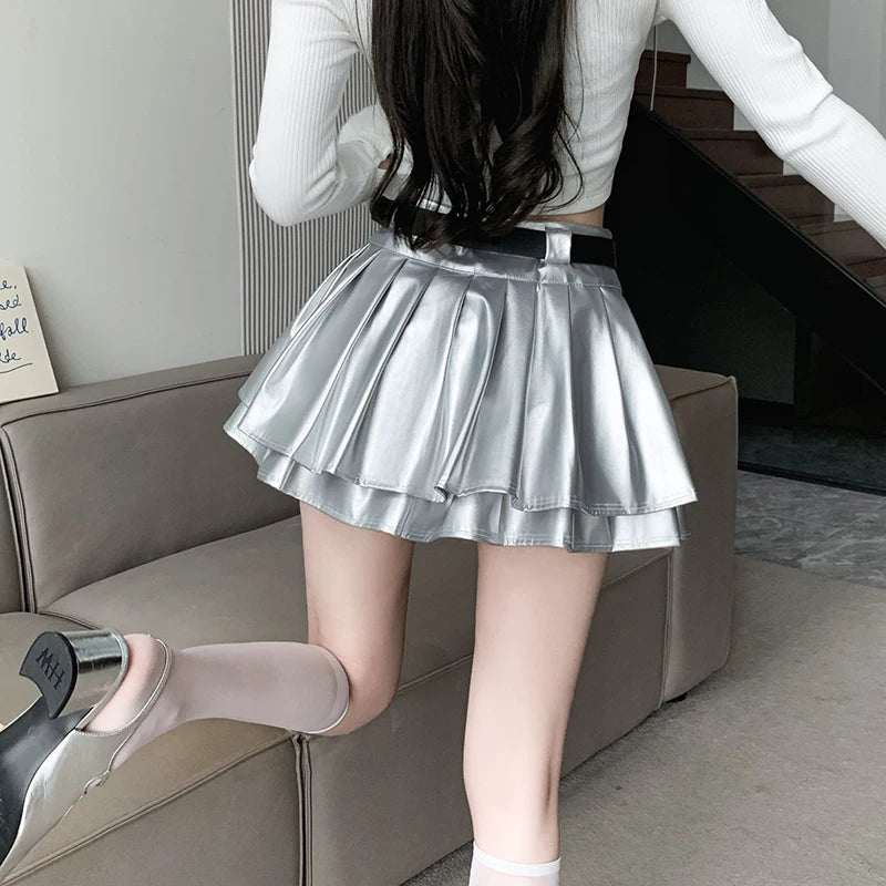 2023 Autumn Cool Silver PU Leather Mini Skirt Women Belt High Waist Pleated Skirts With Shorts Streetwear Y2K Jupe Femme Saias