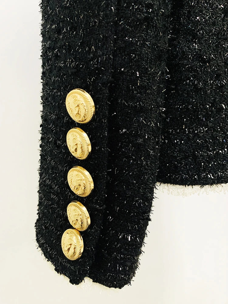 HIGH STREET Newest Fashion 2024 Designer Jacket Women's Slim Fitting Lion Buttons Contrast Color Fringed Tweed Blazer