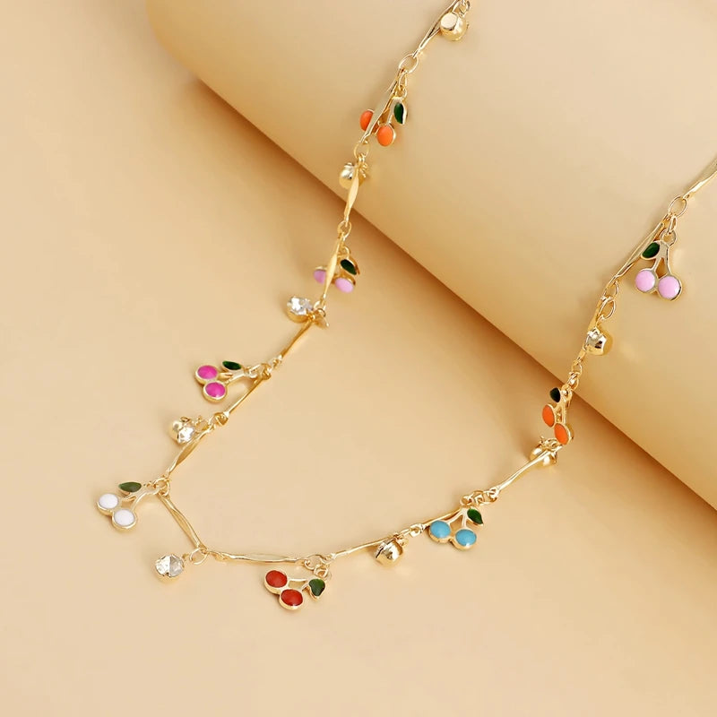 Colorful Dripping Cherry Zircon Pendant Necklace For Women Sexy Short Beach Chokers Clavicle Chain Jewelry Boho Accessories