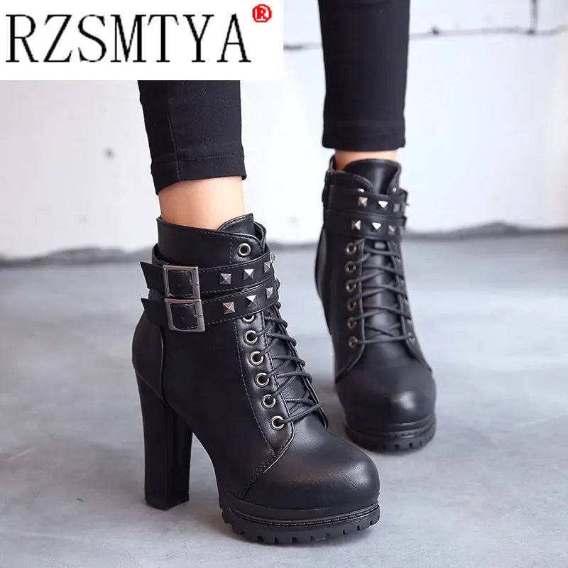 Women Autumn Ankle Boots Sexy Office High Heels Platform Boots Round Toe Leather Booties Black Pumps Ladies Party Shoes New 2021