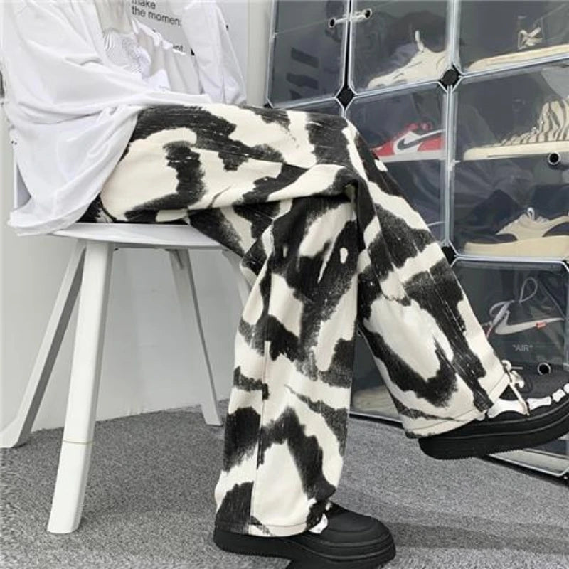 Zebra Y2k Baggy Jeans Pants Men Wide Leg Oversize Pants Fashion Tie-dye Full-length Denim Straight Long Trousers 2023 Streetwear