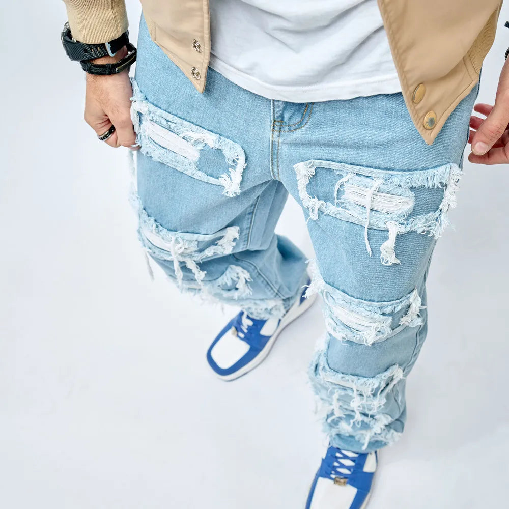 2023 Simple Stylish Men Ripped Patch Hip Hop Loose Jeans Pants Streetwear Male Straight Denim Trousers