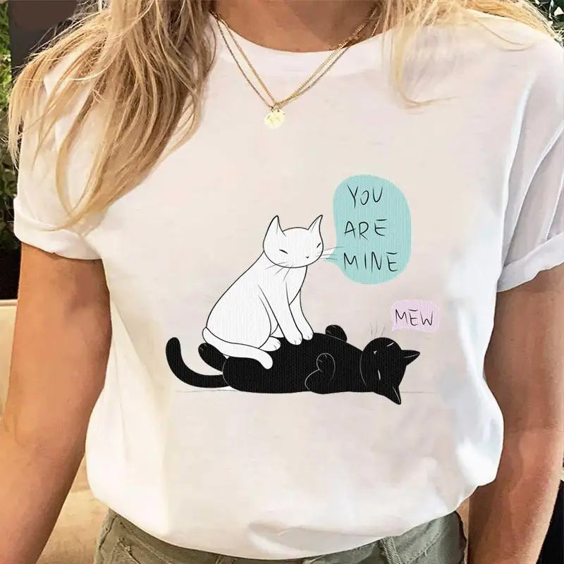 Women Print Tees Tshirt Female Clothes Regular Short Sleeve Tops Cat Simple Cute Print Ladies Fashion Cartoon Graphic T-Shirt