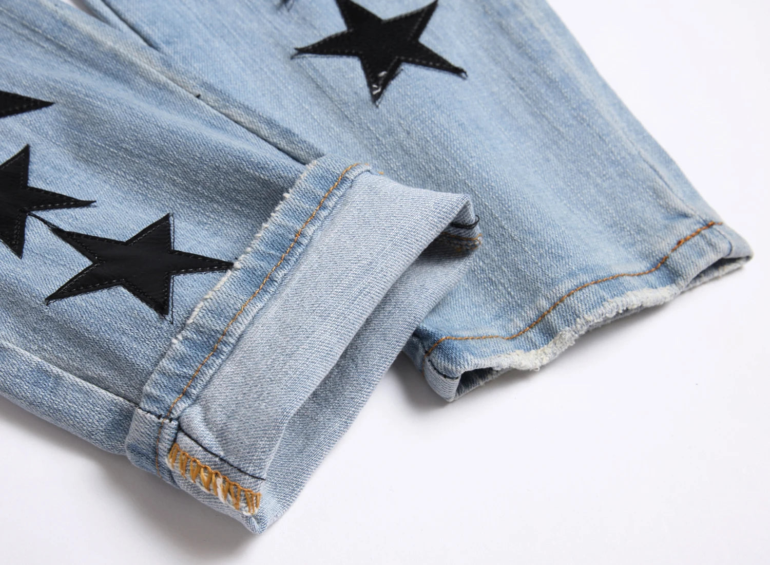 Stars Patched Design Men's Cotton Blend Denim Jorts, Chic Street Style Male Bottoms For Casual Daily Wear