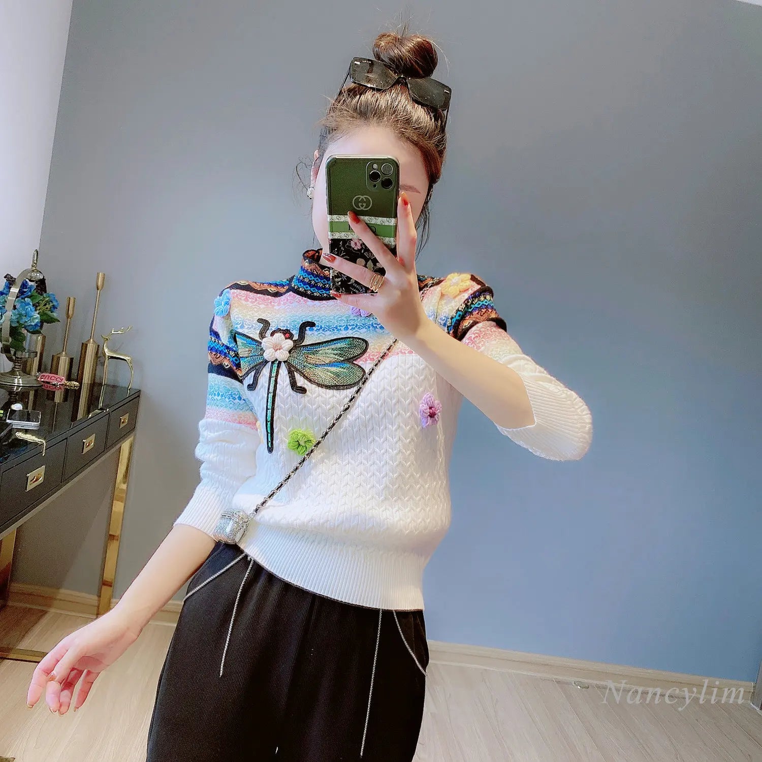 2023 Spring Autumn New Round Neck Long Sleeve Contrast Color Twist Sweater Women's Three-Dimensional Flower Dragonfly Pull Femme