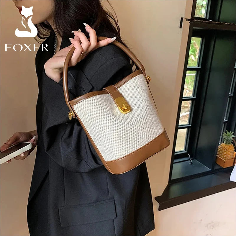 FOXER 2024 PU Leather Stylish Women's Handbag Elegant Commuter Messenger Shoulder Bag Lady Office Patchwork Bucket Crossbody Bag