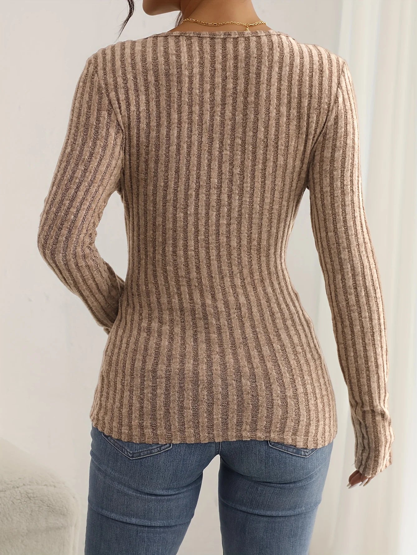 Autumn and winter sexy V-neck textured pit strip slim fit knitted long-sleeved women's T-shirt