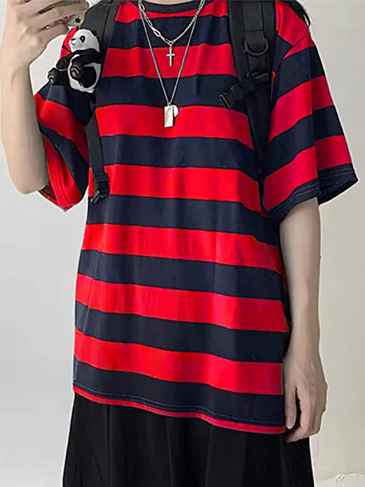 Harajuku Striped Shirts Women Short Sleeve Oversized Shirt Streetwear Gothic T Shirt Couple Tops Summer Striped Blouse