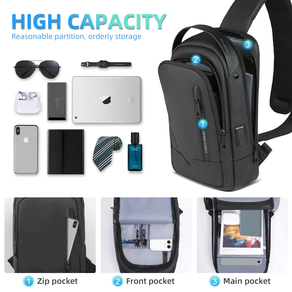 Heroic Knight Crossbody Chest Bag Wodoodporna męska torba na ramię na 11" Ipad Casual Stylowy męski zestaw do pracy Messenger Phone Pack z USB