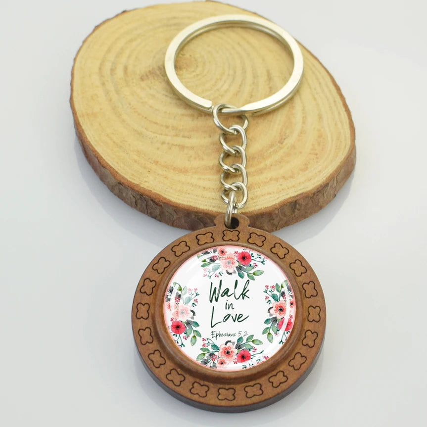 Christian Bible Keychain Brown Retro Wooden Glass Dome Verse Wreath Keychain Bible Quotes Keyring Ladies Bag Jewelry Accessories