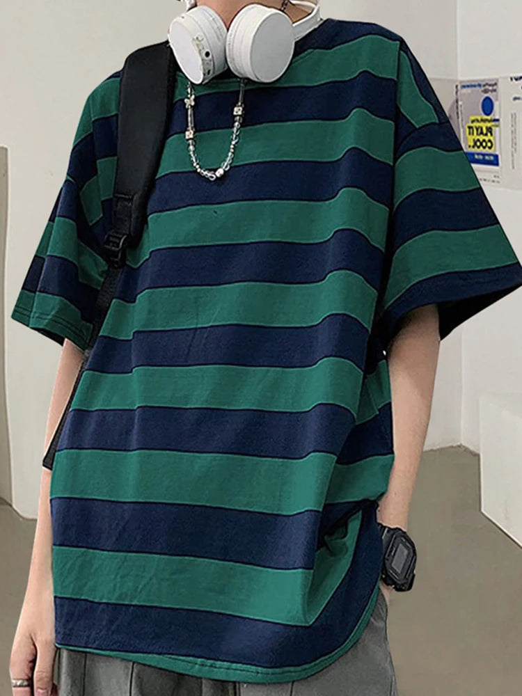 Harajuku Striped Shirts Women Short Sleeve Oversized Shirt Streetwear Gothic T Shirt Couple Tops Summer Striped Blouse