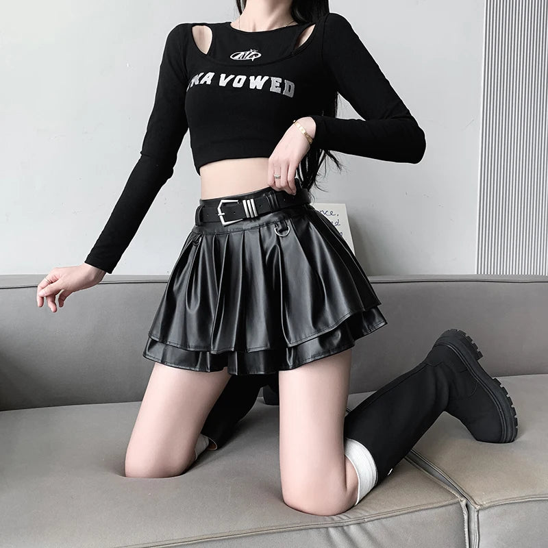 2023 Autumn Cool Silver PU Leather Mini Skirt Women Belt High Waist Pleated Skirts With Shorts Streetwear Y2K Jupe Femme Saias