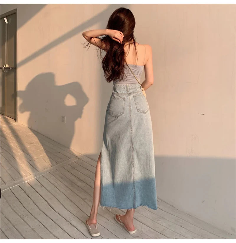 2023 Autumn Maxi Jeans Skirt Women Denim Long Skirts Female Long Korean Summer Vintage Maxi Skirt Sexy Side Split Denim Skirt