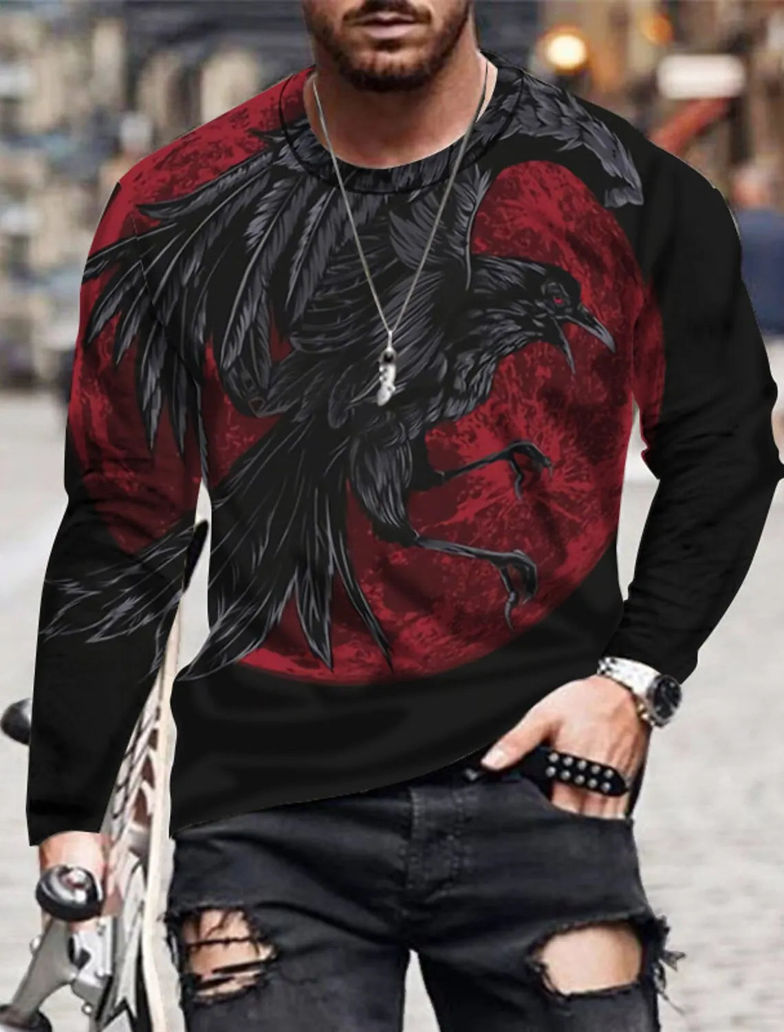 Vintage Men's Long-Sleeved Eagle Print 3D Printed Outdoor Street Long-Sleeved Sports Fashion Long-Sleeved Casual Oversized Top