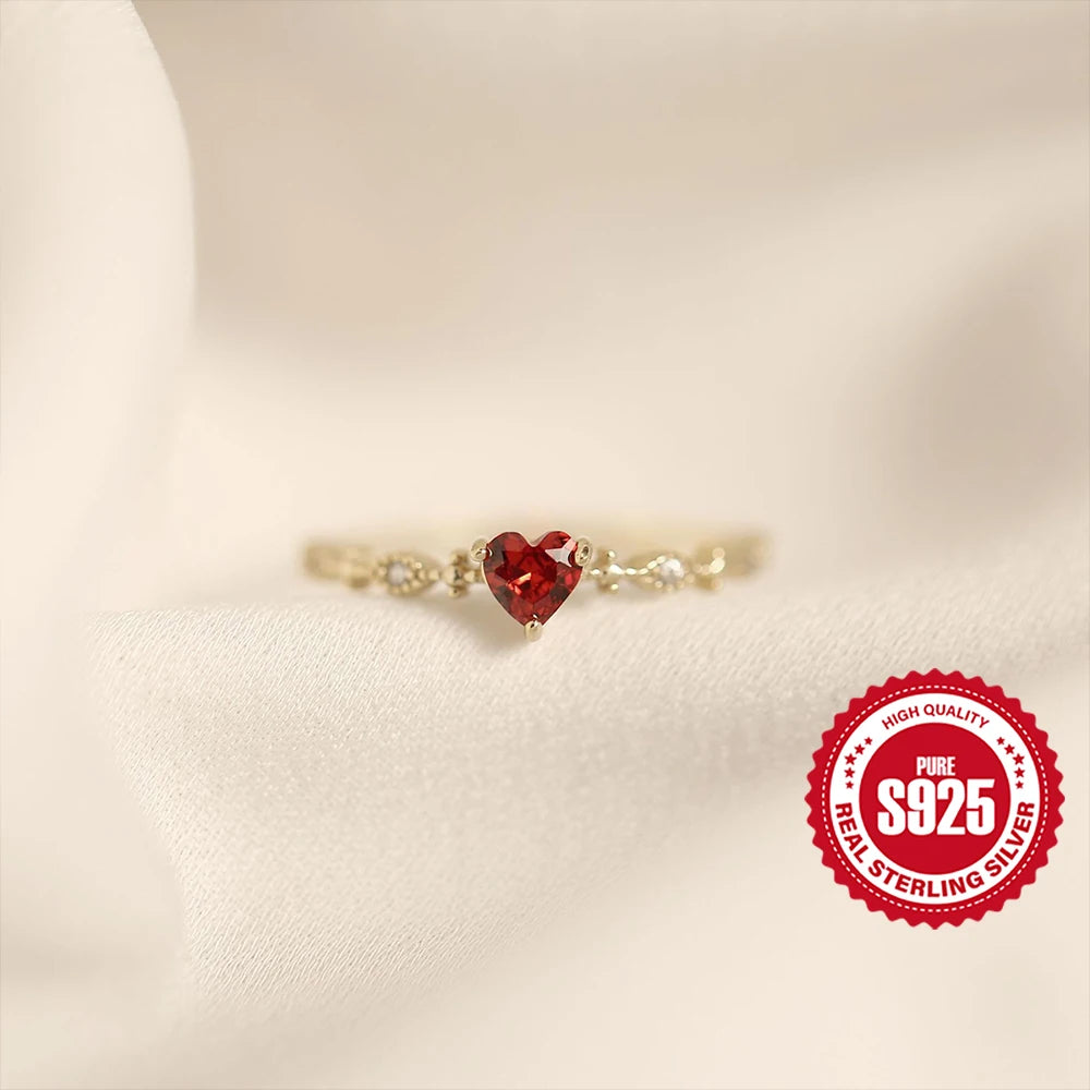 Aide Ruby Red Heart Zircon Rings 925 Sterling Silver For Women Gold Luxury Cocktail Jewelry Wedding Party Valentine's Day Gift