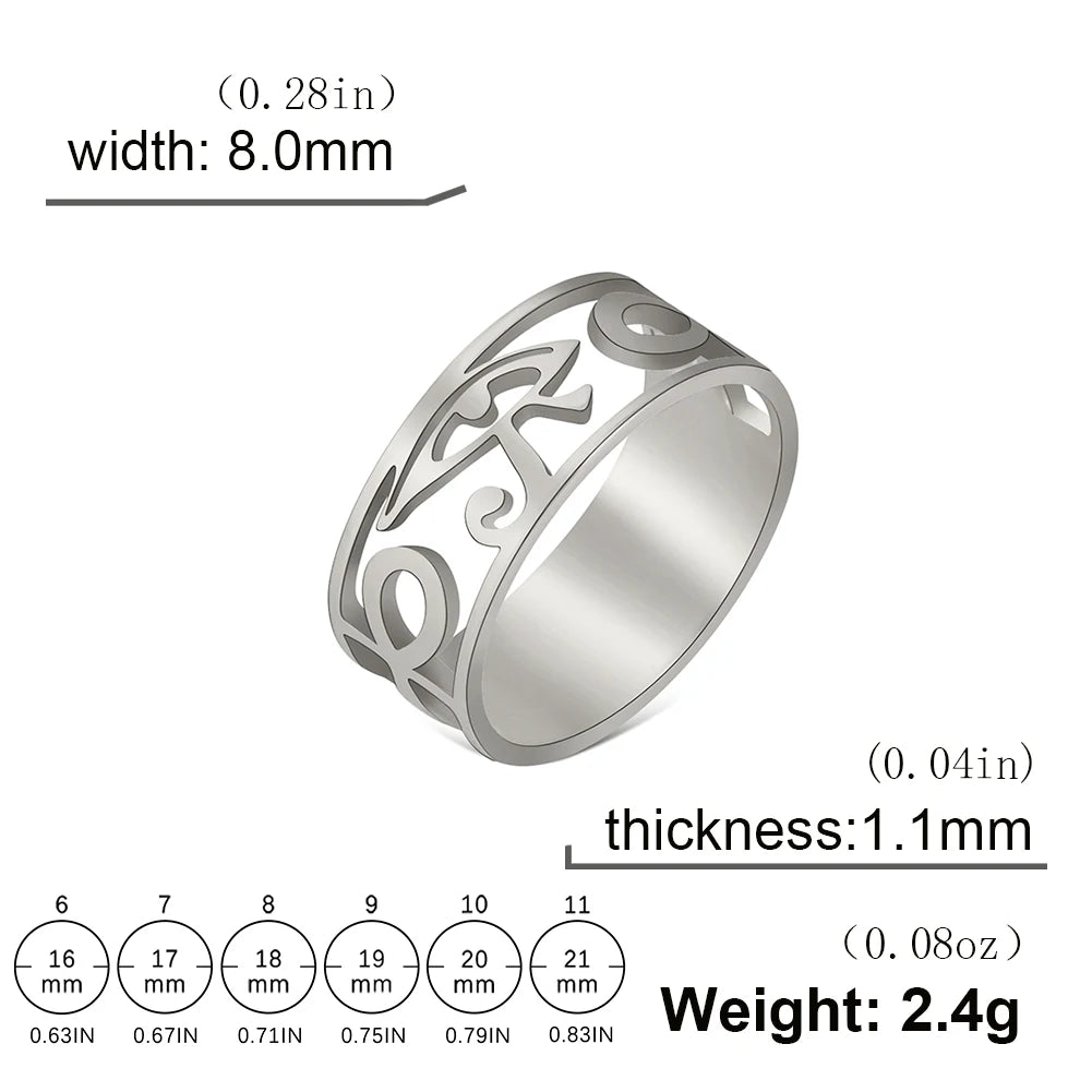 LIKGREAT Ancient Egypt Eye Of Horus Ring Stainless Steel Hollow Ra Udjat Finger Rings Accessories Ankh Cross For Women Men Gifts