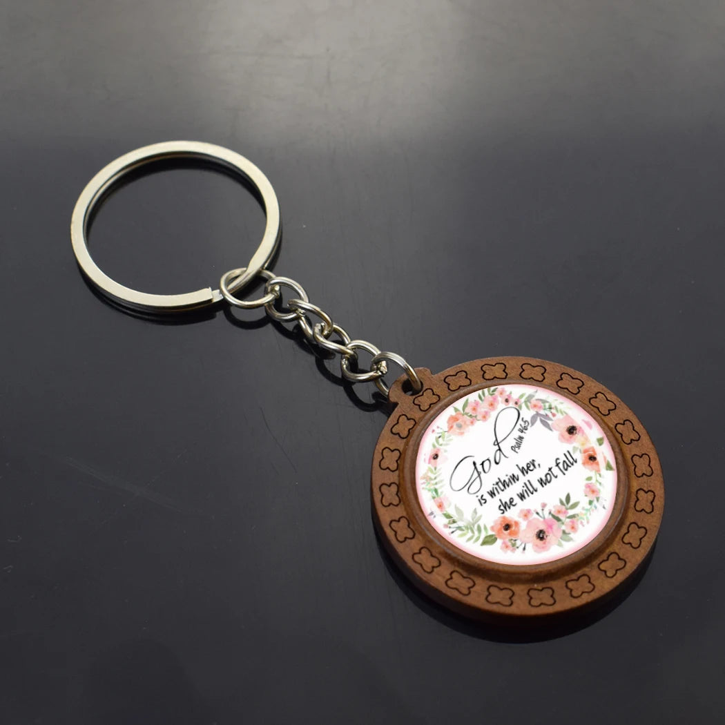 Christian Bible Keychain Brown Retro Wooden Glass Dome Verse Wreath Keychain Bible Quotes Keyring Ladies Bag Jewelry Accessories