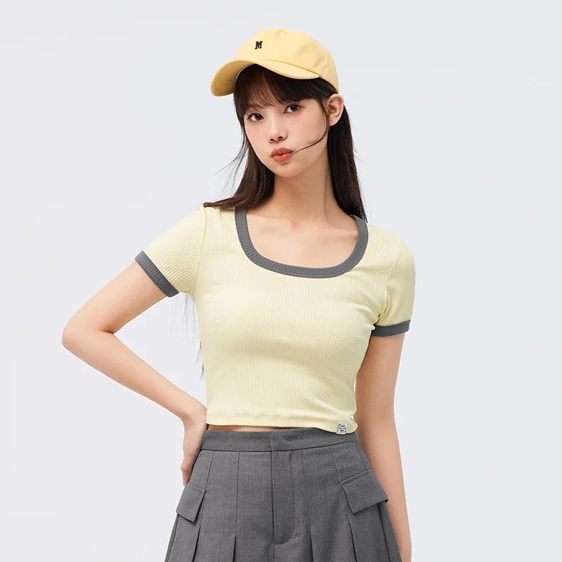 Semir Short Sleeve T Shirt Women Short Front Shoulder Sexy Overlay 2023 Summer New Contrast Tight Tshirt Versatile