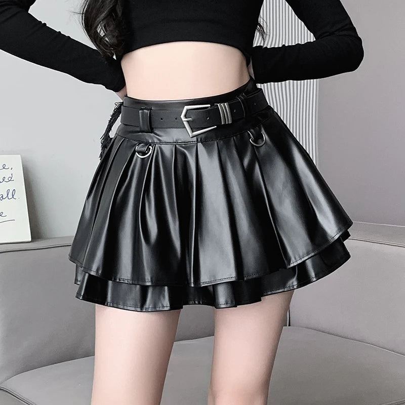 2023 Autumn Cool Silver PU Leather Mini Skirt Women Belt High Waist Pleated Skirts With Shorts Streetwear Y2K Jupe Femme Saias