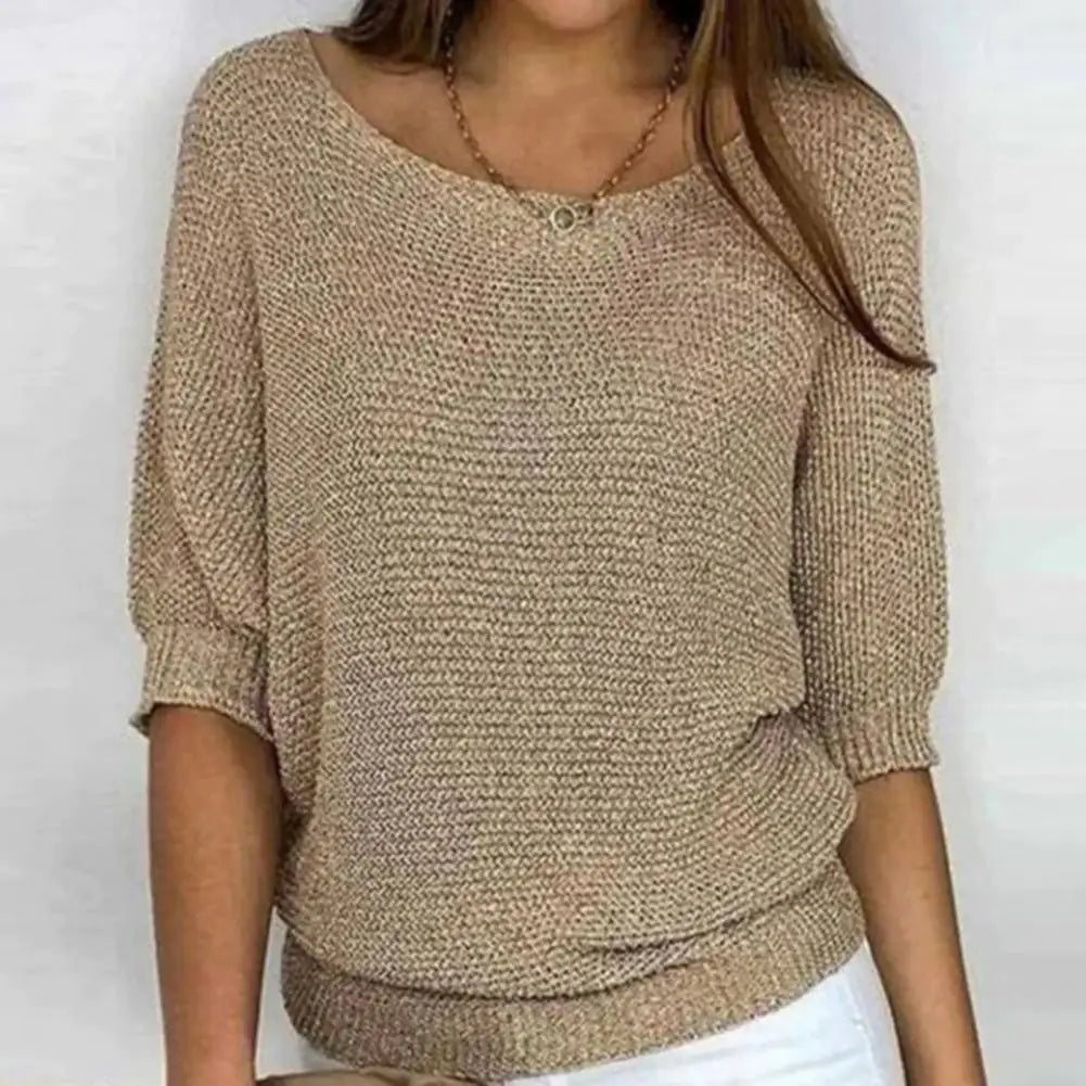 Women Solid Color Sweater Casual Round Neck Sweater Stylish Women's Knitwear Loose Fit Pullover Tops with 3/4 for Autumn/winter