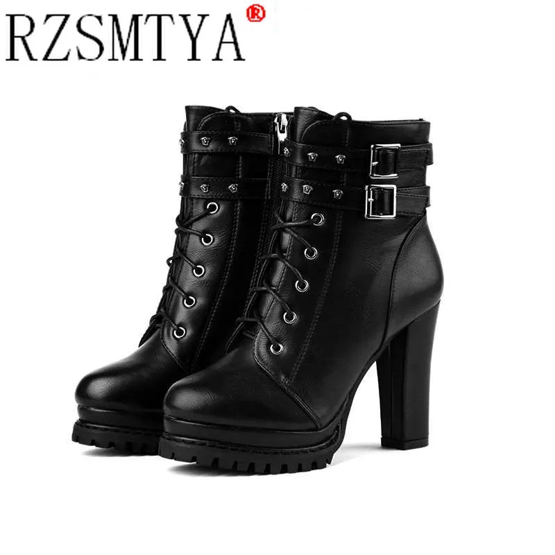 Women Autumn Ankle Boots Sexy Office High Heels Platform Boots Round Toe Leather Booties Black Pumps Ladies Party Shoes New 2021